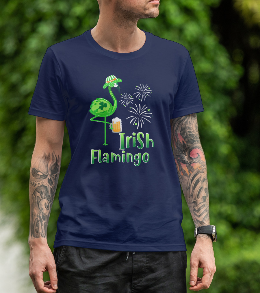 Irish Flamingo Drinking Beer St Patricks Day Shamrock Fireworks T-Shirt