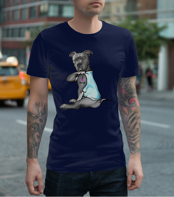 Funny Pitbull Dog I Love Mom Tattoo Trend Idea T-Shirt