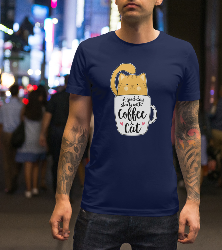 Funny Orange Cat A Good Day Starts With Coffee And Cat T-Shirt