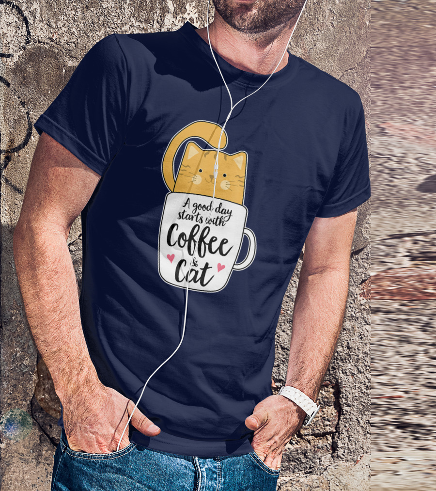 Funny Orange Cat A Good Day Starts With Coffee And Cat T-Shirt