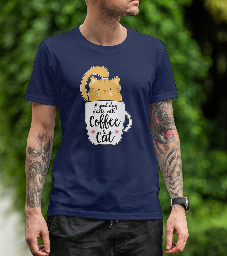 Funny Orange Cat A Good Day Starts With Coffee And Cat T-Shirt