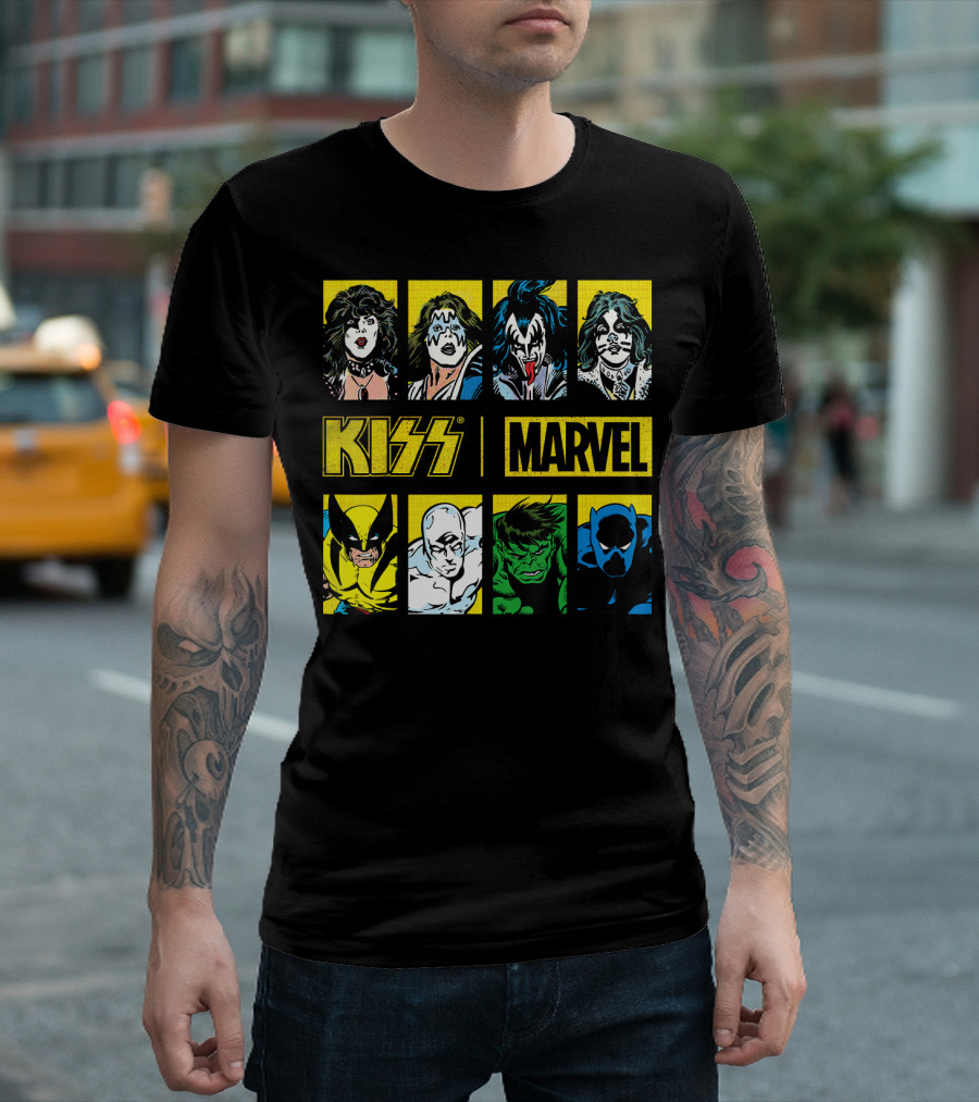 KISS Marvel Wolverine Hulk Black Panther Hero Portrait Boxes T-Shirt