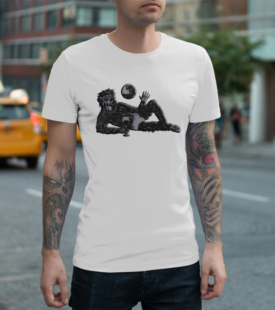 Laid-Back Monkey with Sunglasses and Drink Under the Moon T-Shirt