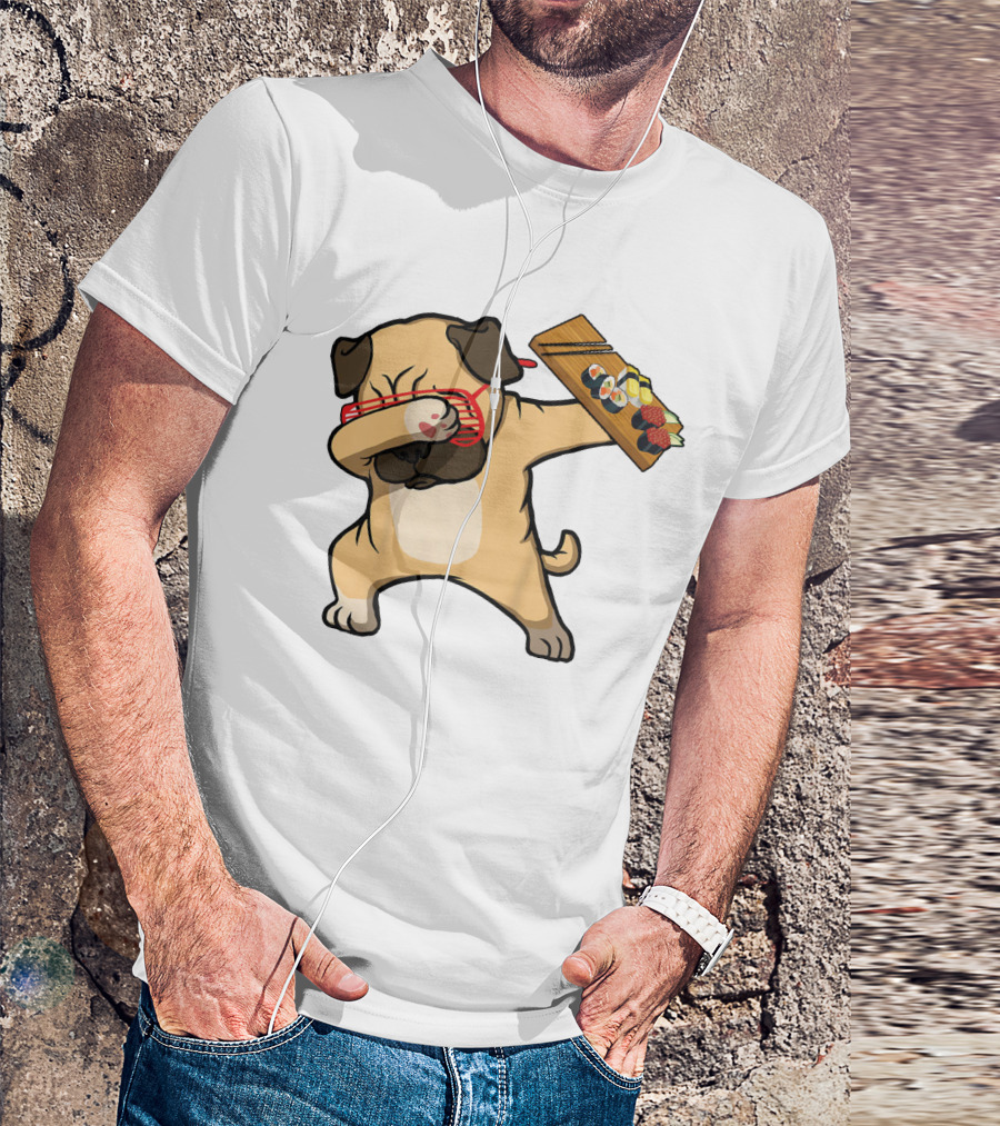 Dabbing Pug With Sushi Plate And Chopstick Glasses T-Shirt
