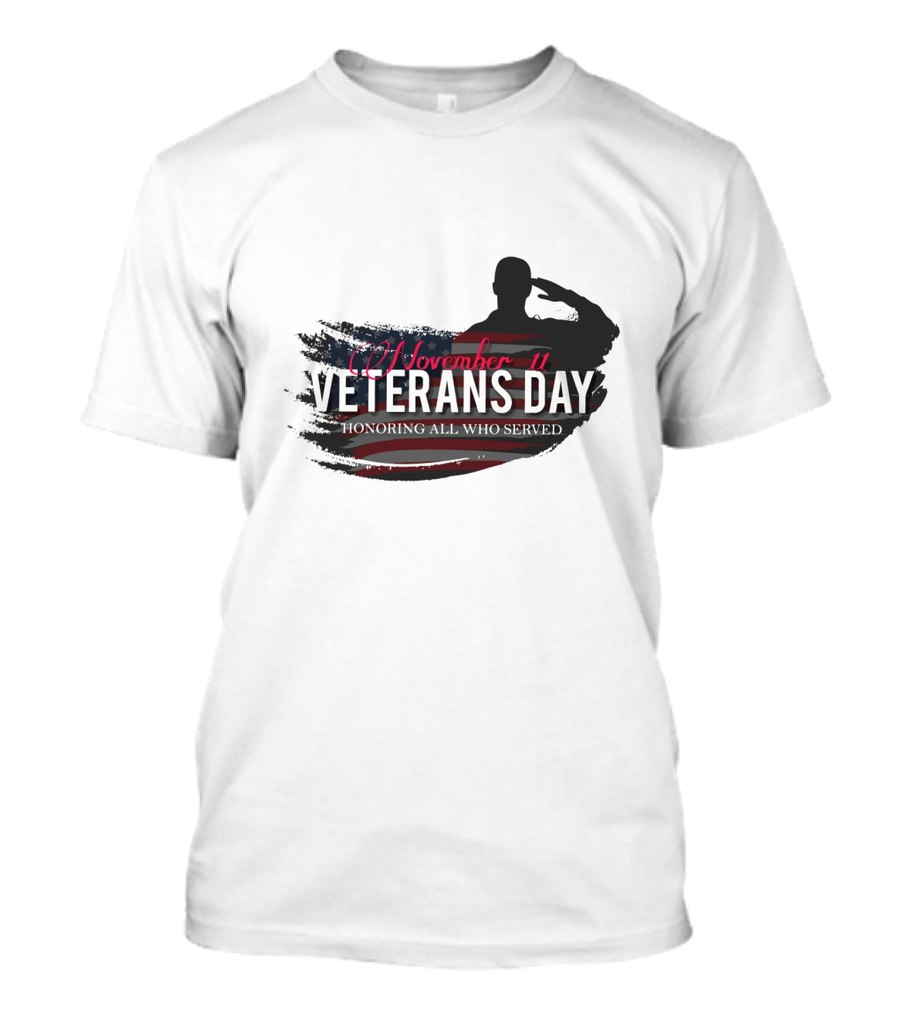 November 11 Veterans Day Honoring All Who Served With Saluting Silhouette And USA Flag Background T-Shirt