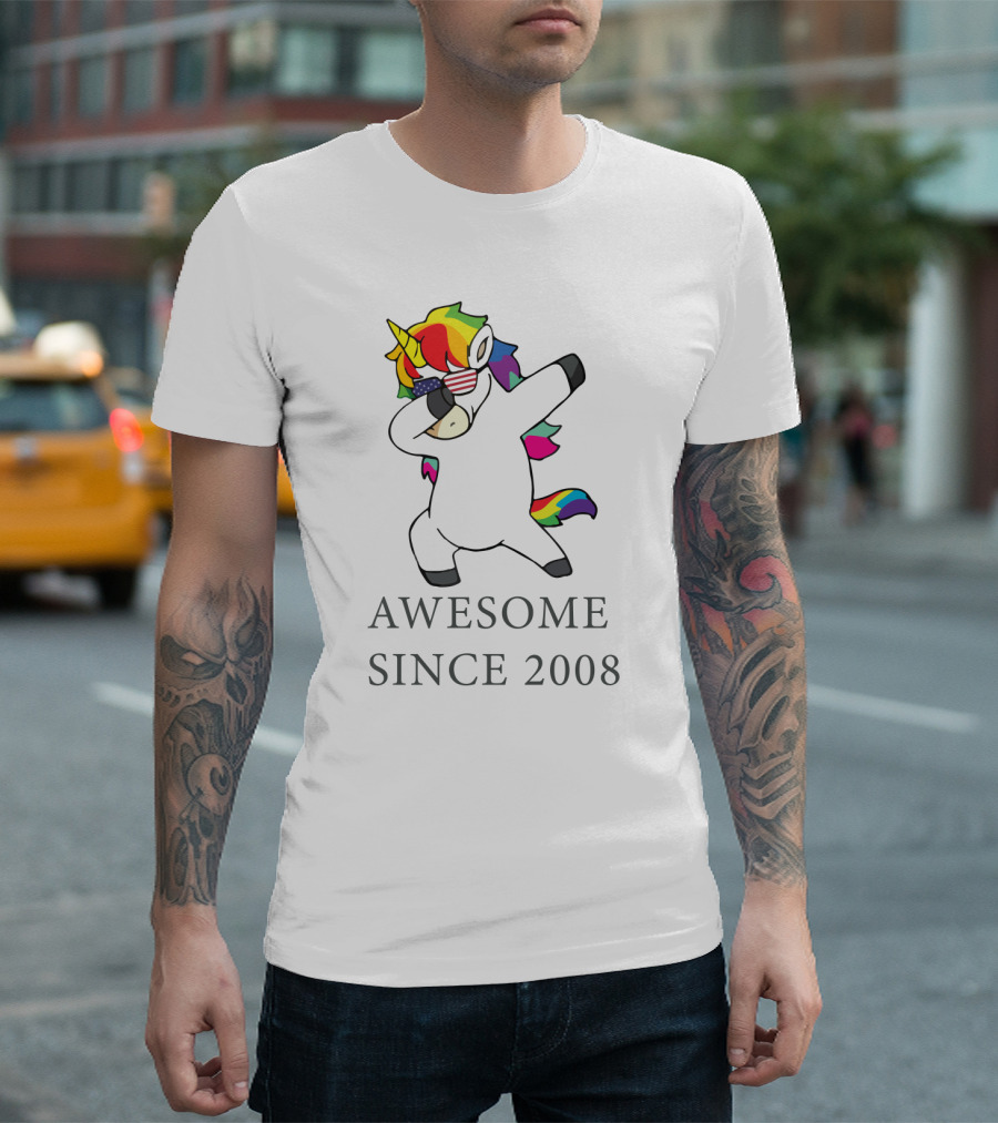 Awesome Since 2008 Rainbow Unicorn Dabbing USA Sunglasses T-Shirt
