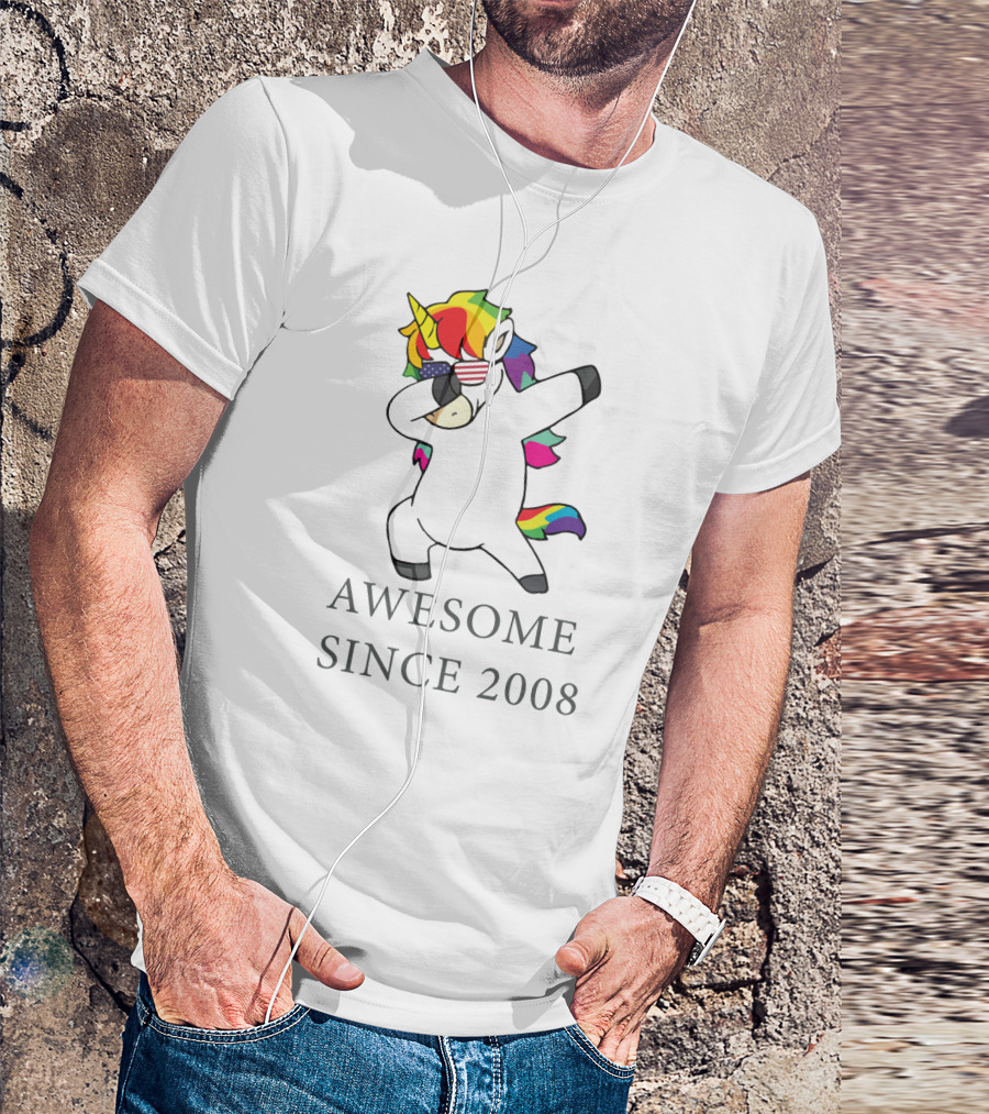 Awesome Since 2008 Rainbow Unicorn Dabbing USA Sunglasses T-Shirt