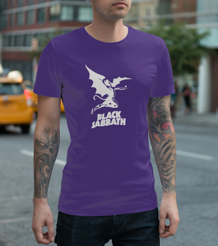 Black Sabbath Flying Devil Logo Purple Background T-Shirt