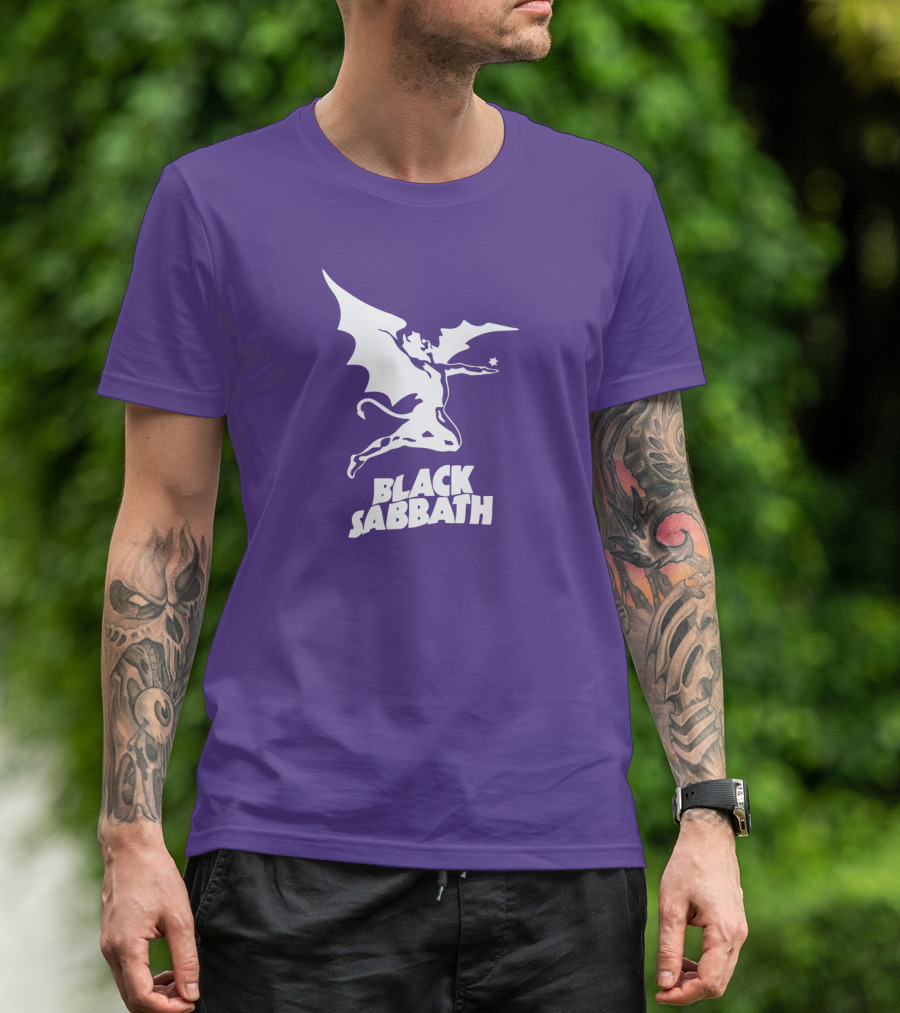 Black Sabbath Flying Devil Logo Purple Background T-Shirt