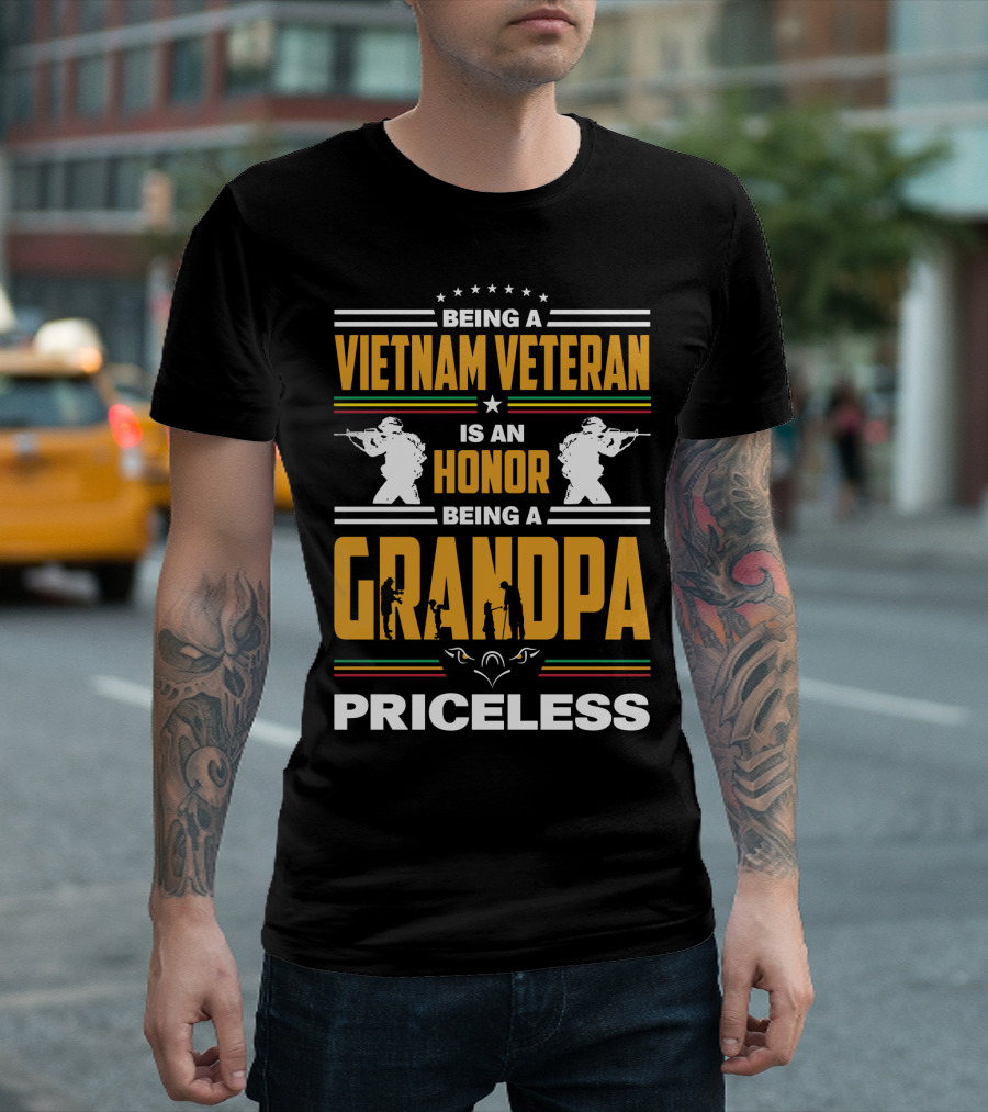 Being a Vietnam Veteran is an Honor Being a Grandpa Priceless with Soldier Silhouettes and Stars T-Shirt