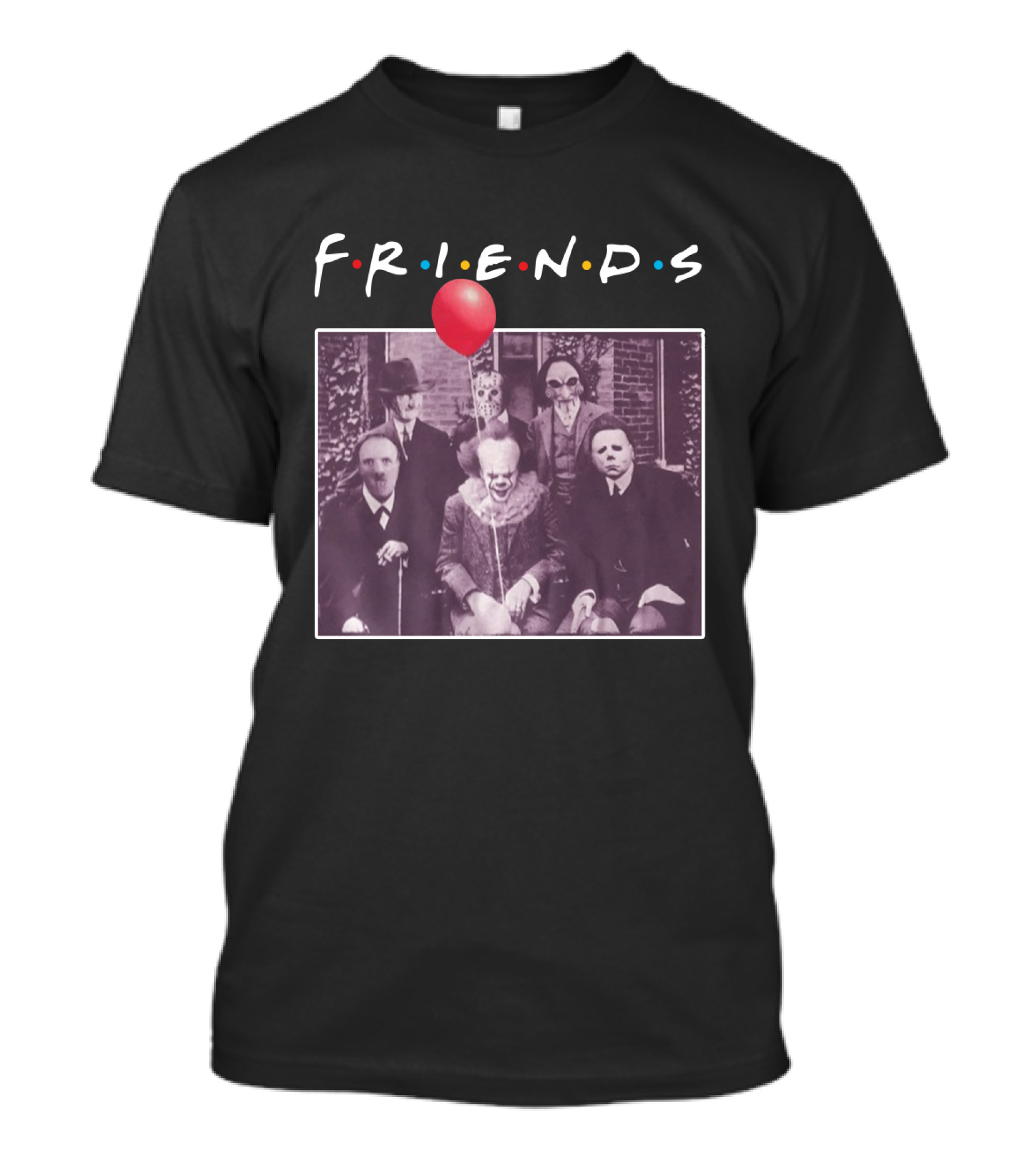 Horror Movie Characters Iconic Friends TV Show Parody Featuring Red Balloon T-Shirt