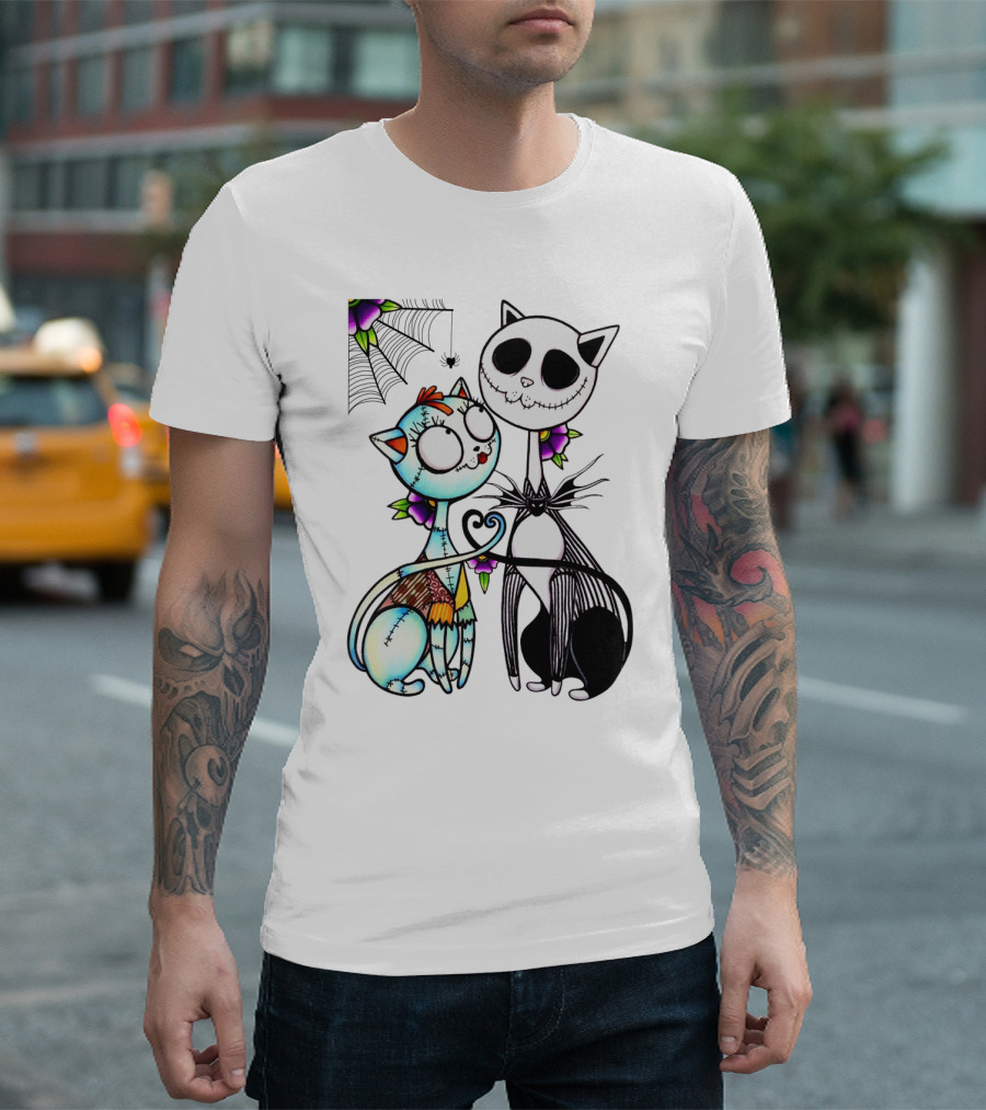Cat Version of Jack Skellington and Sally with Spider Web and Flowers T-Shirt