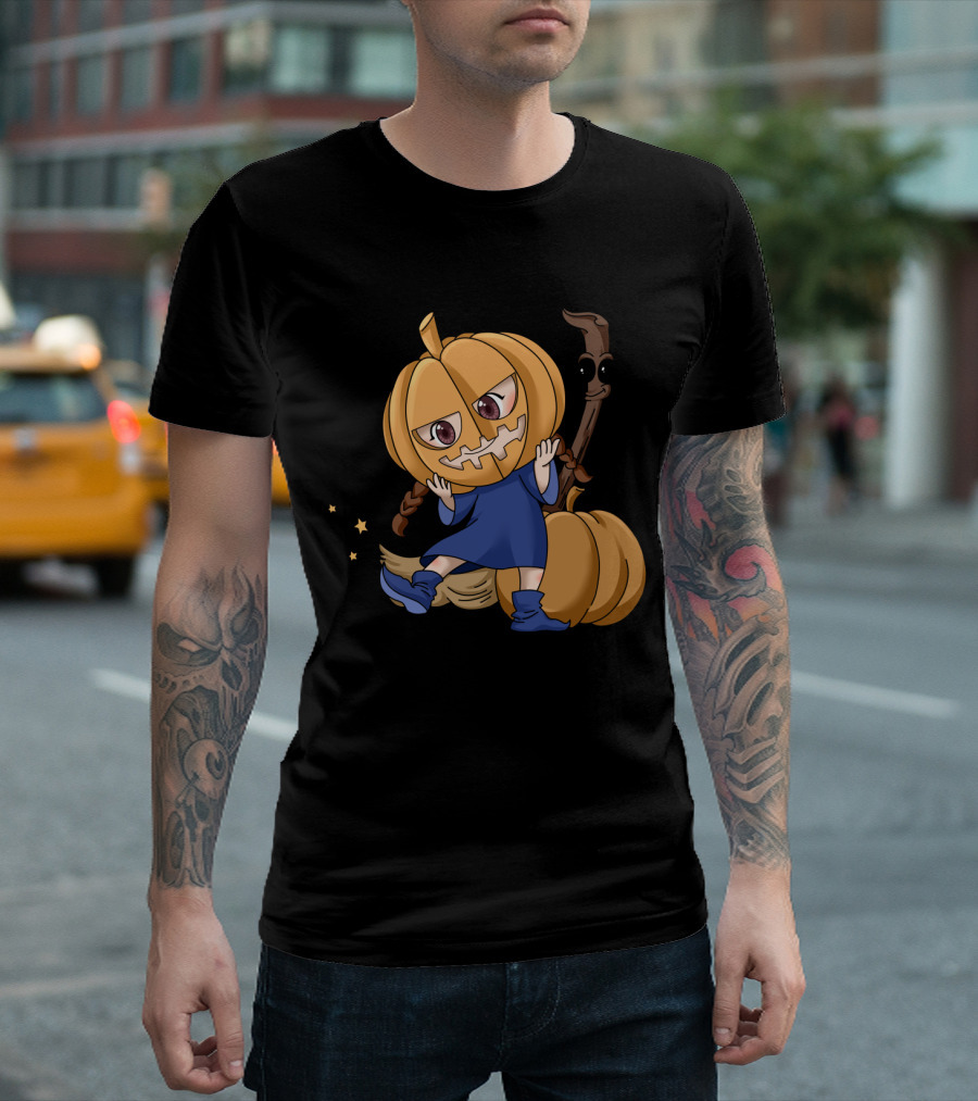 Halloween Cartoon Witch Girl With Pumpkin Head And Broomstick In Blue Dress T-Shirt
