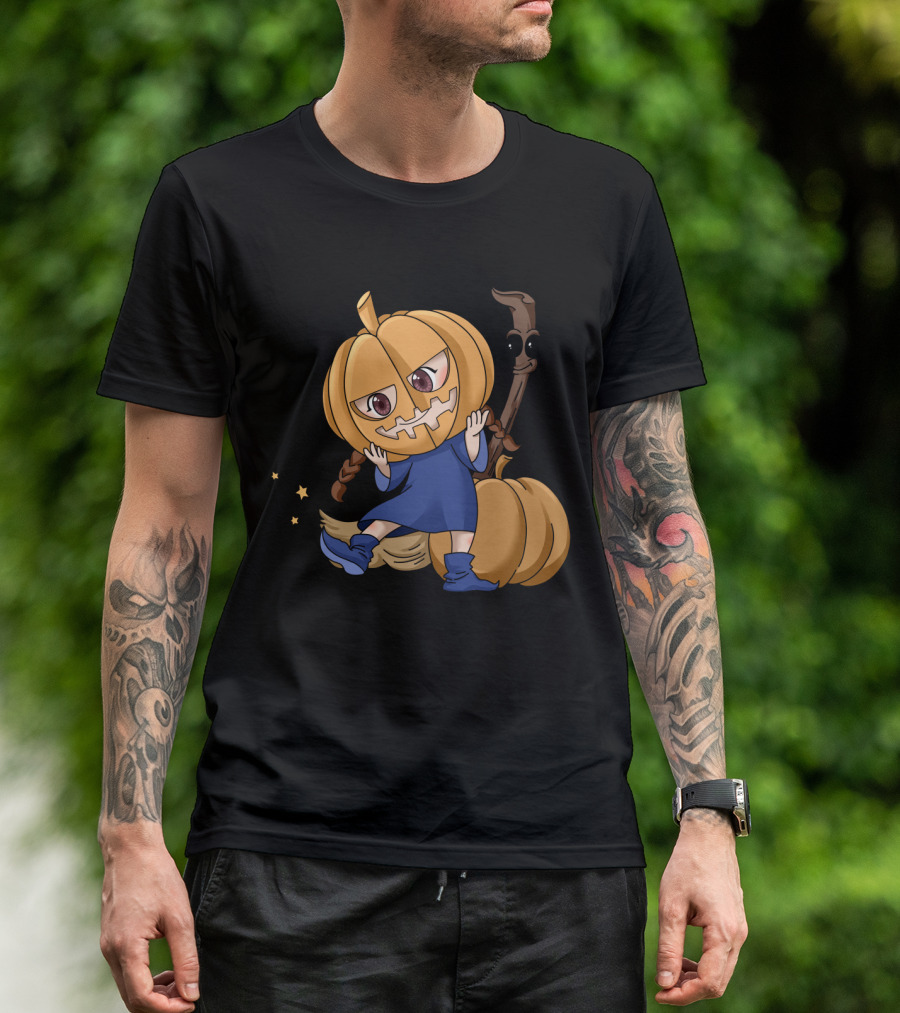 Halloween Cartoon Witch Girl With Pumpkin Head And Broomstick In Blue Dress T-Shirt