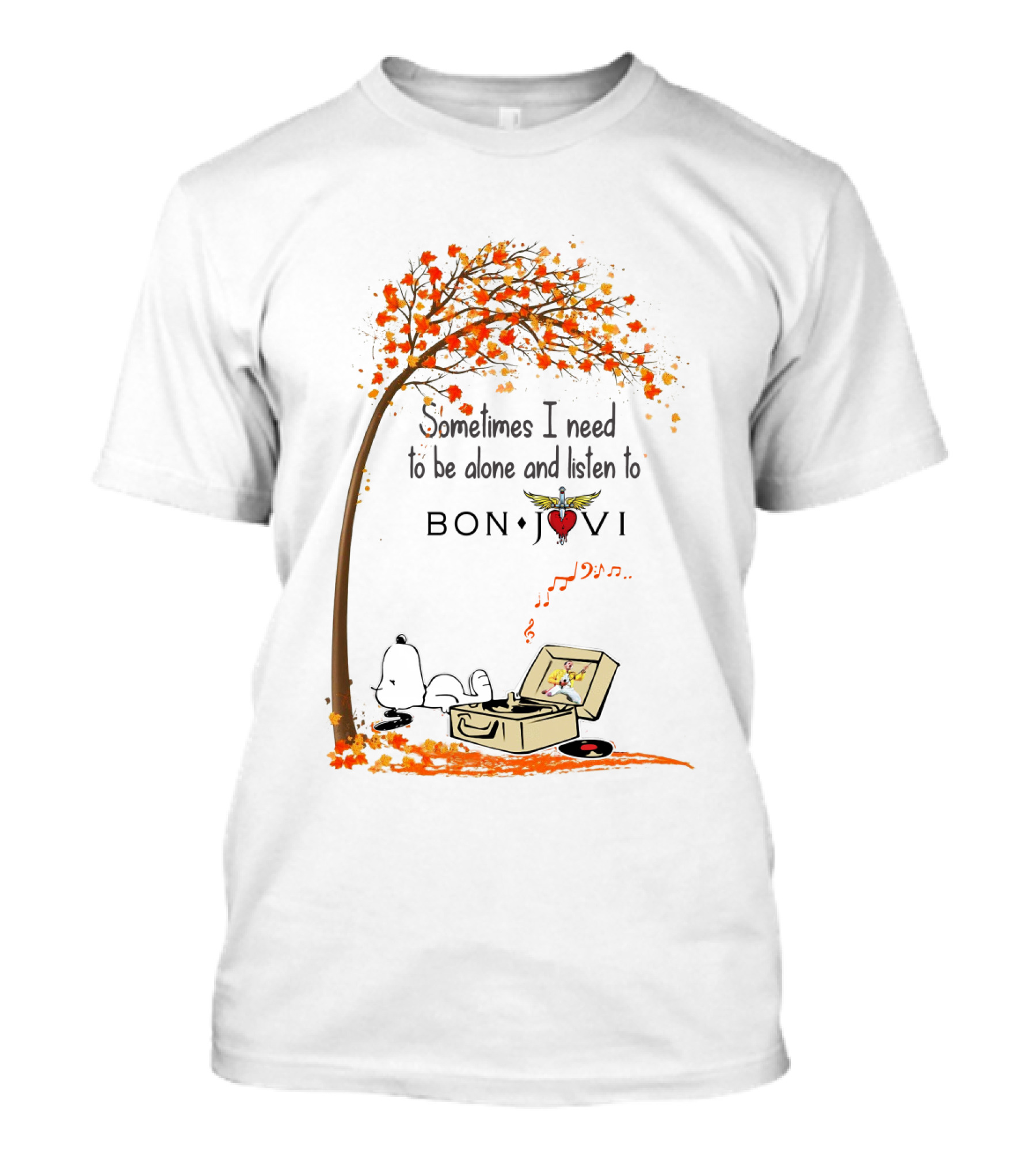 Snoopy Relaxing Under Autumn Tree Listening To Bon Jovi Vinyl Record T-Shirt