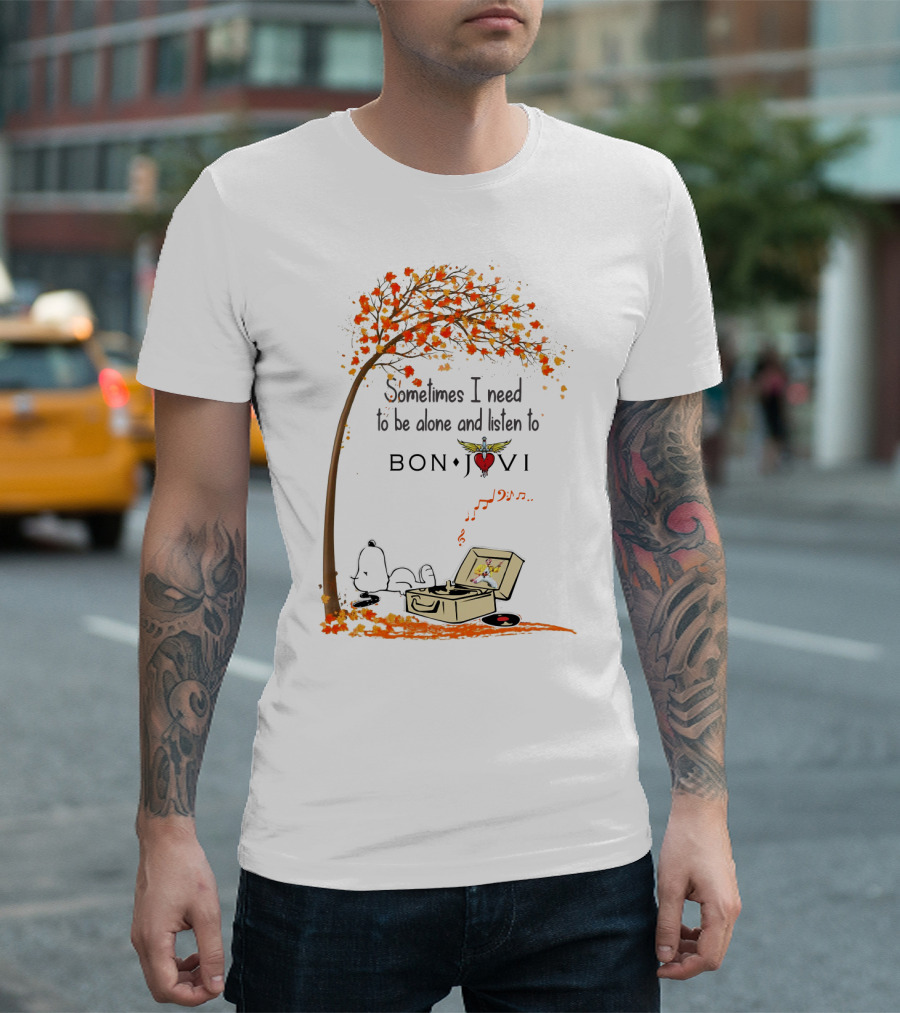 Snoopy Relaxing Under Autumn Tree Listening To Bon Jovi Vinyl Record T-Shirt