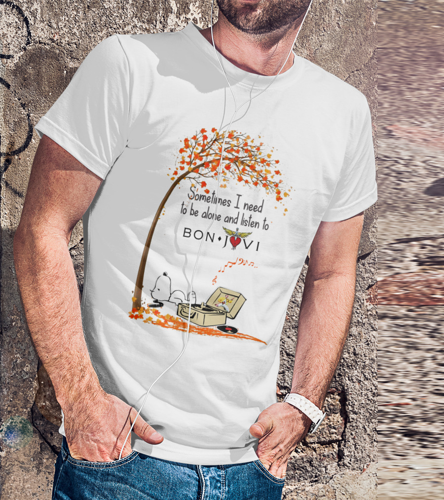 Snoopy Relaxing Under Autumn Tree Listening To Bon Jovi Vinyl Record T-Shirt