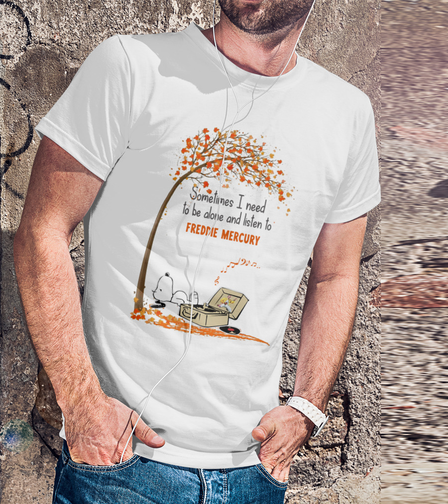 Snoopy Relaxing Under Autumn Tree Listening To Freddie Mercury Alone Vinyl Record Player T-Shirt