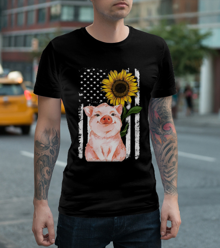 American Flag Sunflower Pig Vintage T-Shirt