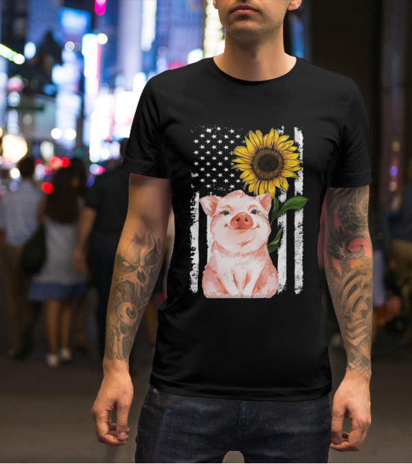 American Flag Sunflower Pig Vintage T-Shirt