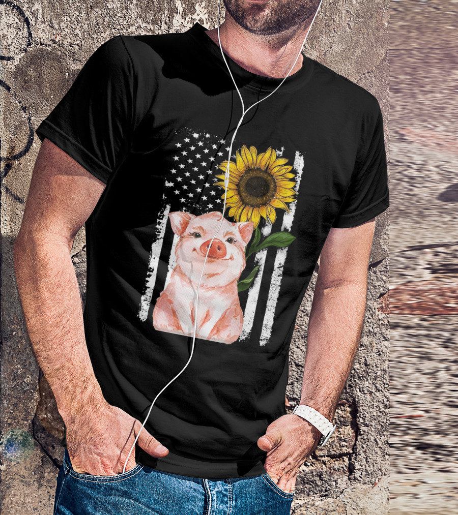 American Flag Sunflower Pig Vintage T-Shirt