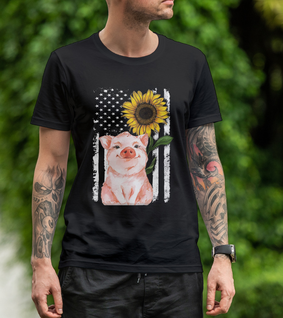 American Flag Sunflower Pig Vintage T-Shirt