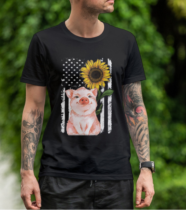 American Flag Sunflower Pig Vintage T-Shirt