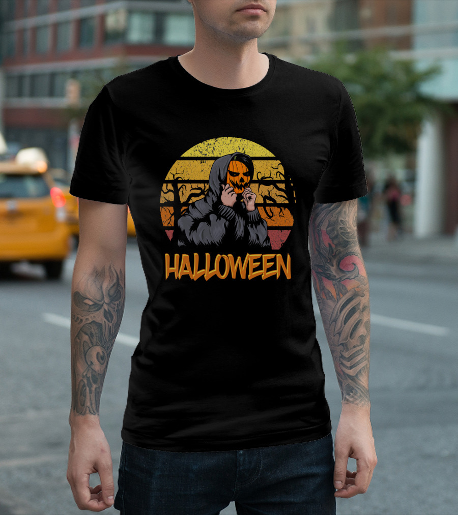Halloween Hooded Figure With Pumpkin Mask And Sunset Stripes T-Shirt