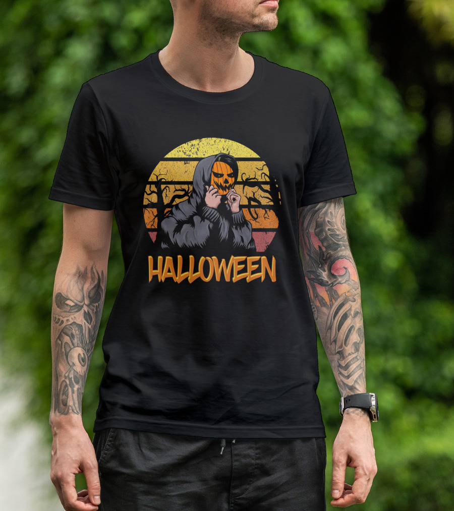 Halloween Hooded Figure With Pumpkin Mask And Sunset Stripes T-Shirt