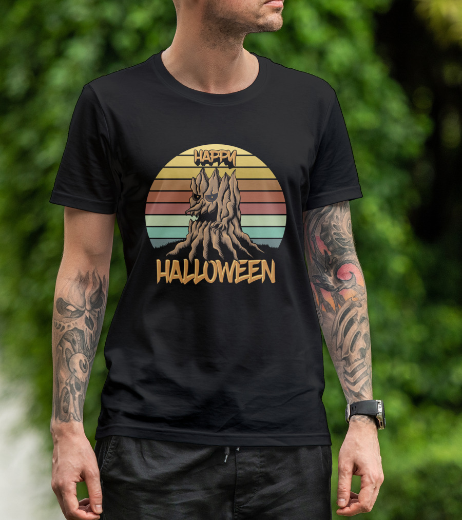 Happy Halloween Retro Wood Tree Vintage Stripes T-Shirt