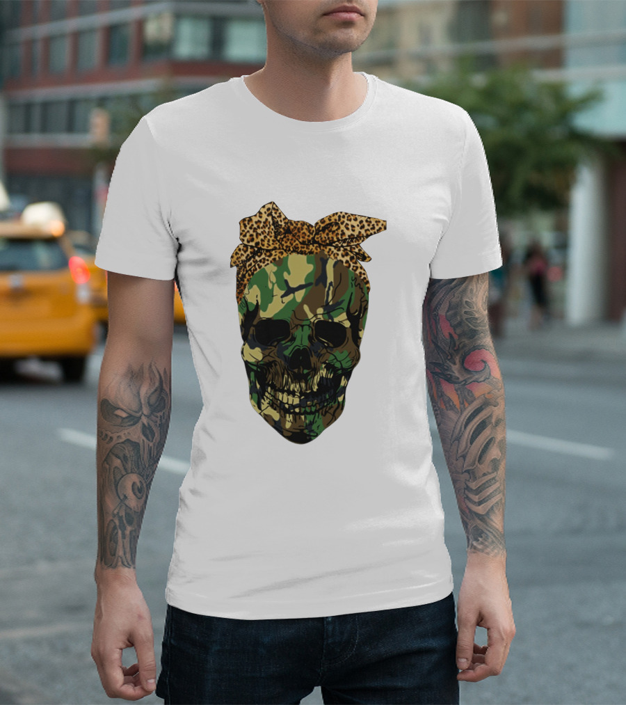 Camo Skull with Leopard Print Bow T-Shirt