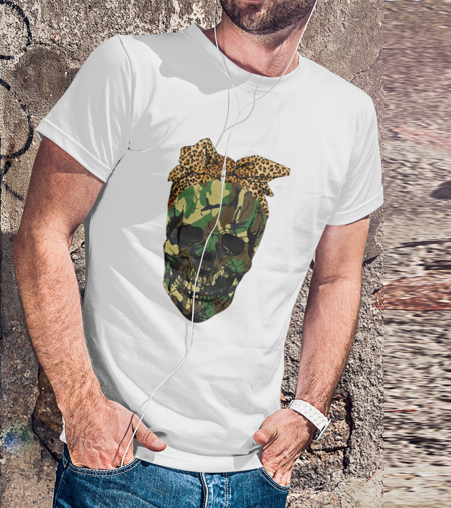 Camo Skull With Leopard Print Bow T-Shirt