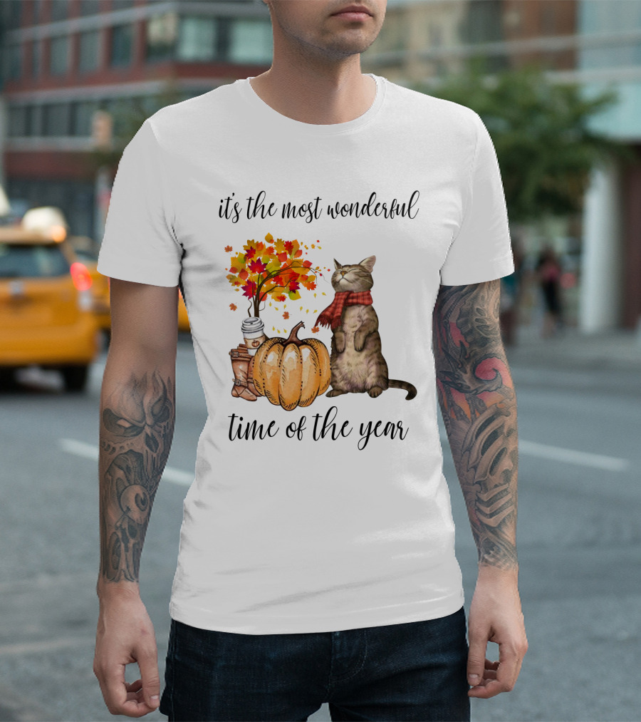 It's the Most Wonderful Time of the Year Autumn Cat with Scarf and Pumpkin T-Shirt
