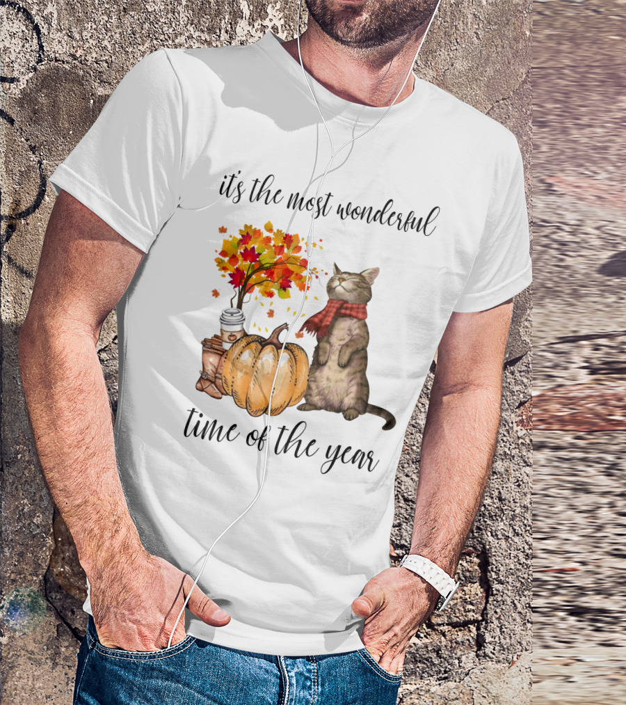 It's The Most Wonderful Time Of The Year Autumn Cat With Scarf And Pumpkin T-Shirt