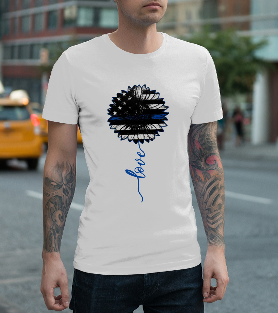 American Flag Sunflower Thin Blue Line Love T-Shirt