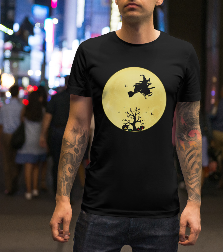 Halloween Witch Flying On Broomstick Over Full Moon With Jack-O'-Lanterns T-Shirt