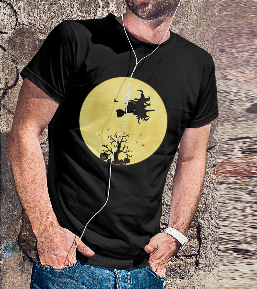Halloween Witch Flying On Broomstick Over Full Moon With Jack-O'-Lanterns T-Shirt