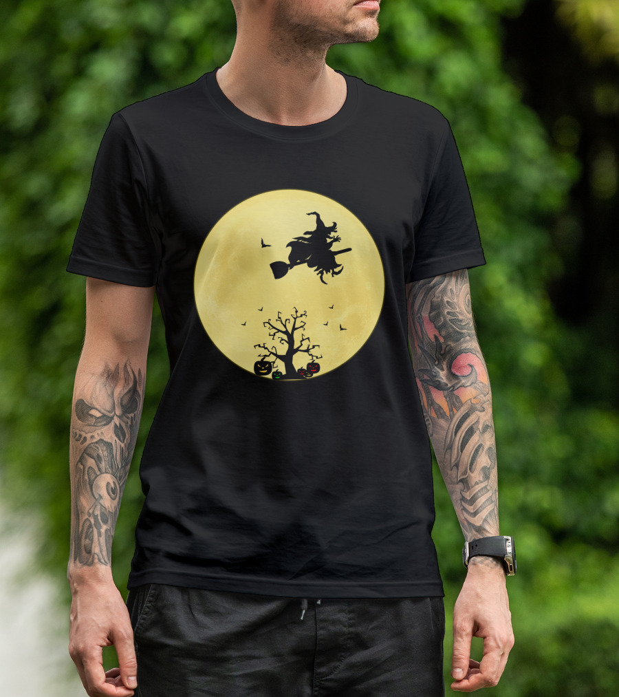 Halloween Witch Flying On Broomstick Over Full Moon With Jack-O'-Lanterns T-Shirt