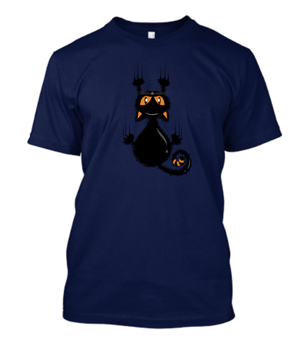 Cartoon Cute Halloween Black Cat With Orange Eyes And Scratching Claws T-Shirt