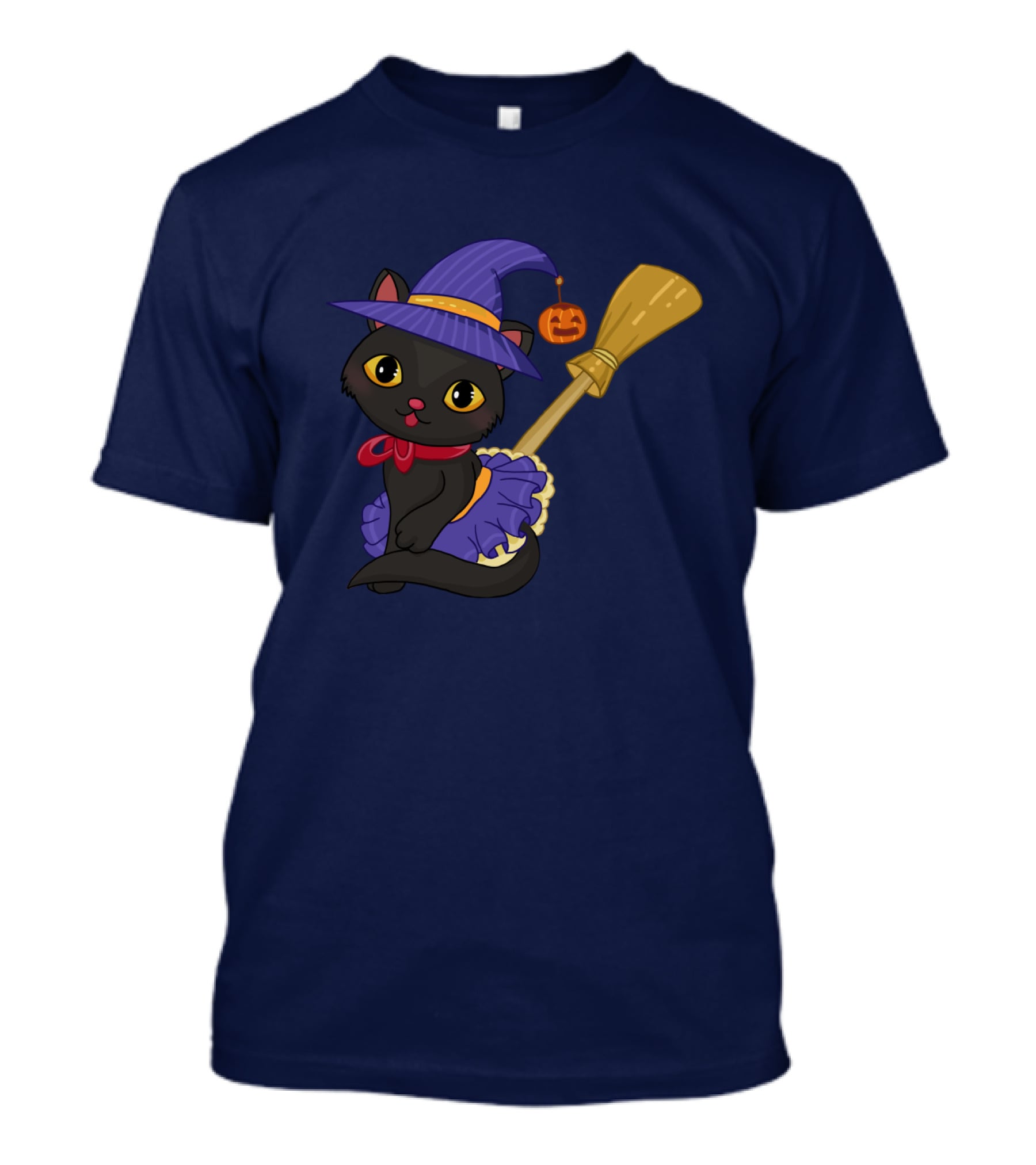 Halloween Black Cat In Witch Hat With Broom And Pumpkin Charm T-Shirt