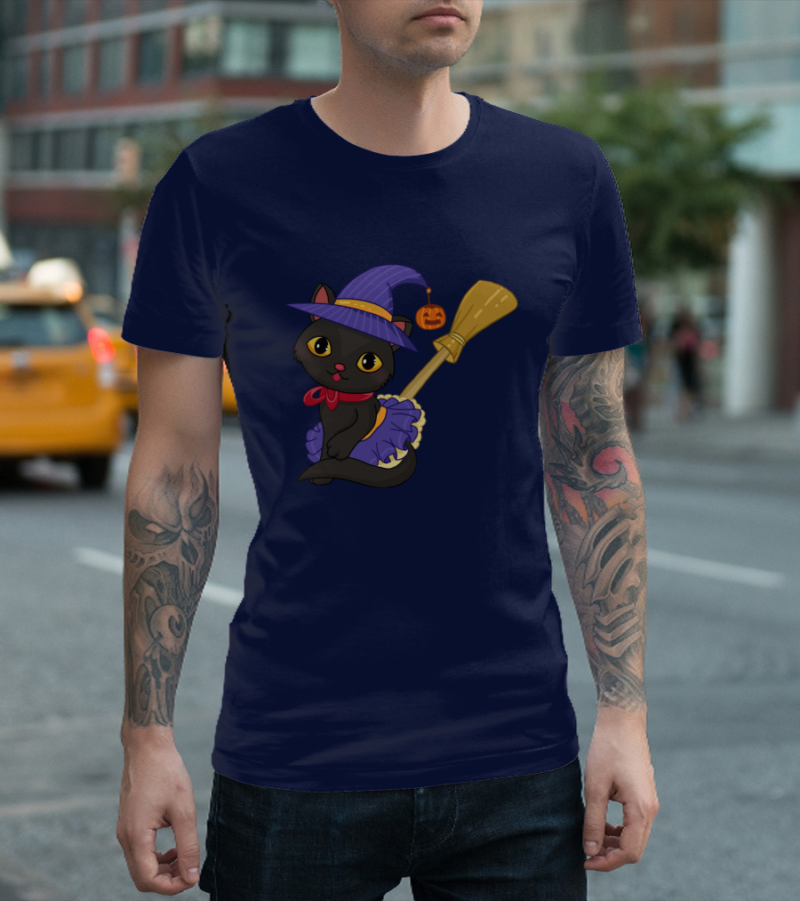 Halloween Black Cat in Witch Hat with Broom and Pumpkin Charm T-Shirt