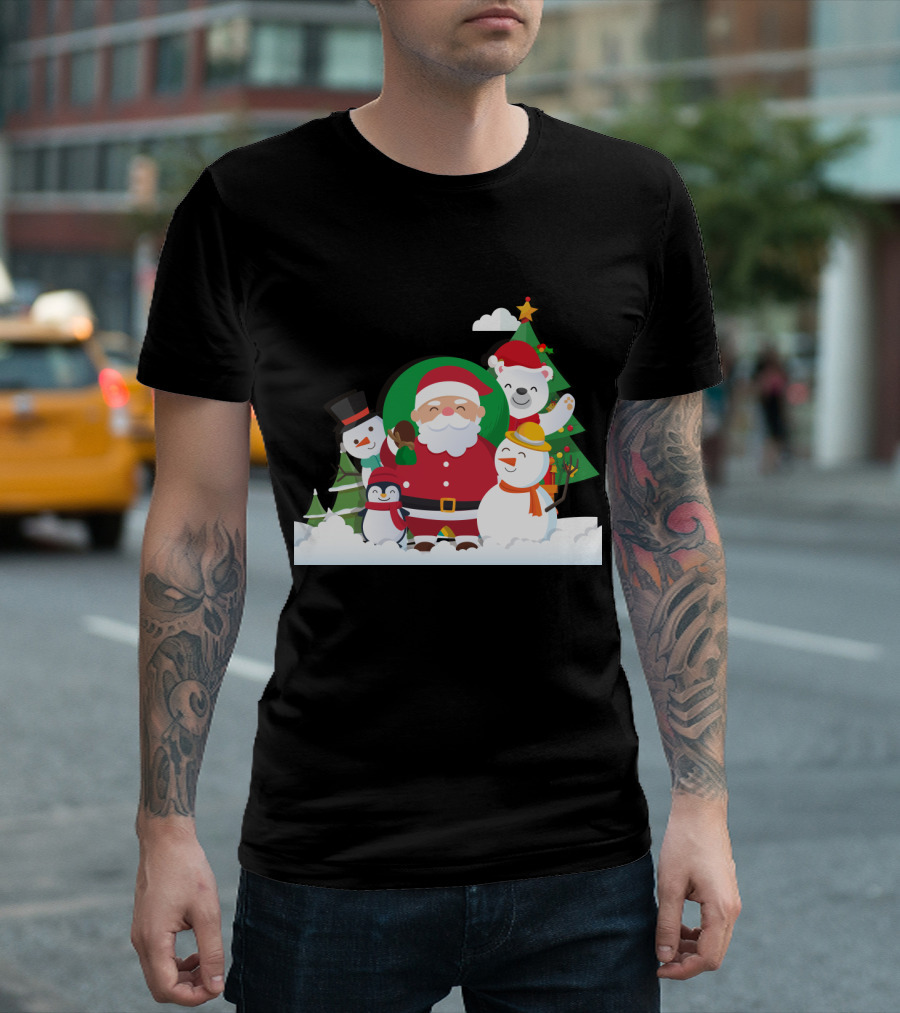 Christmas with Santa Claus Snowman Penguin Polar Bear Festive Scene T-Shirt