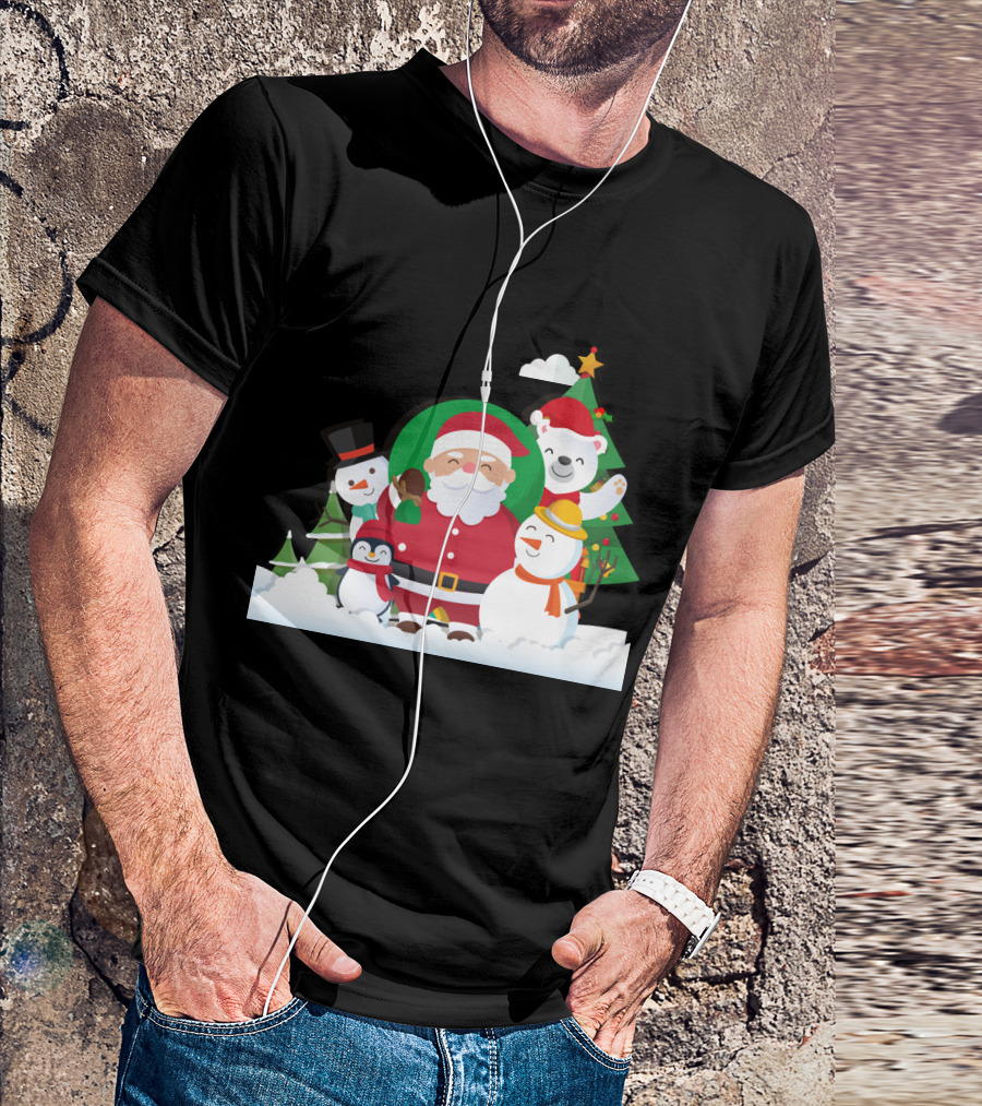 Christmas With Santa Claus Snowman Penguin Polar Bear Festive Scene T-Shirt