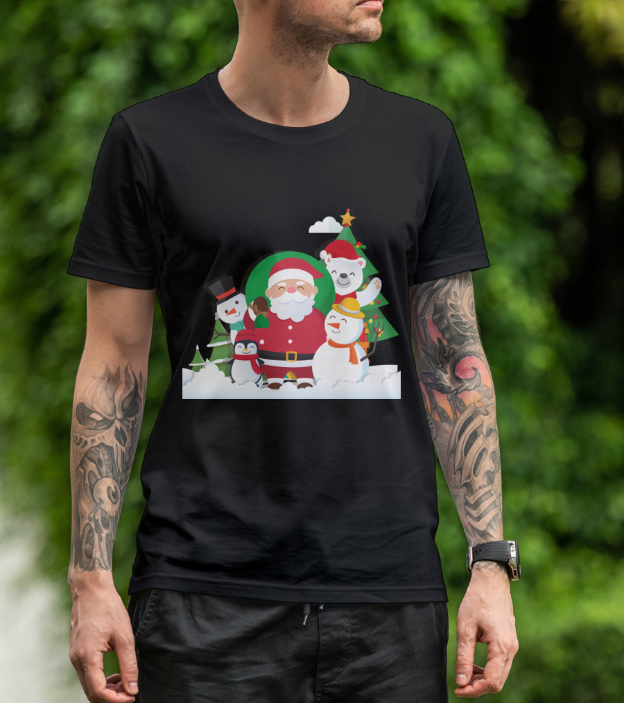 Christmas With Santa Claus Snowman Penguin Polar Bear Festive Scene T-Shirt
