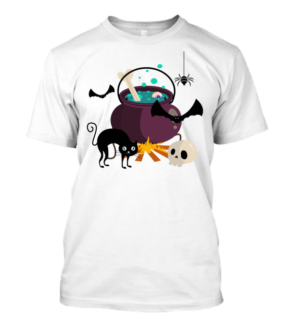 Halloween Black Cat Bat Spider Skull And Magic Potion Cauldron T-Shirt