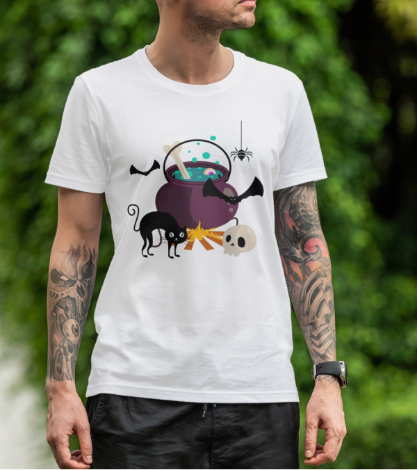 Halloween Black Cat Bat Spider Skull And Magic Potion Cauldron T-Shirt
