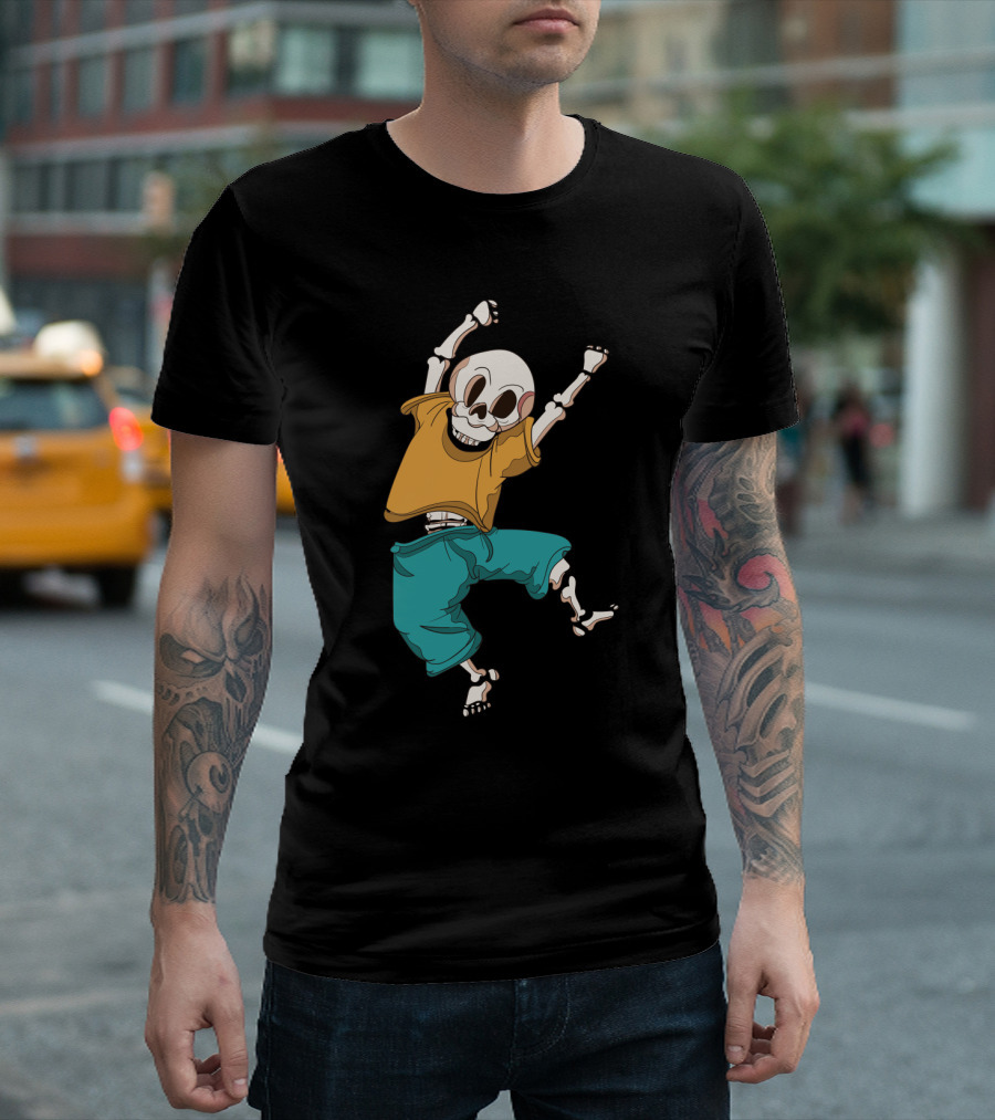 Joyful Hand Drawn Skeleton in Casual T-Shirt