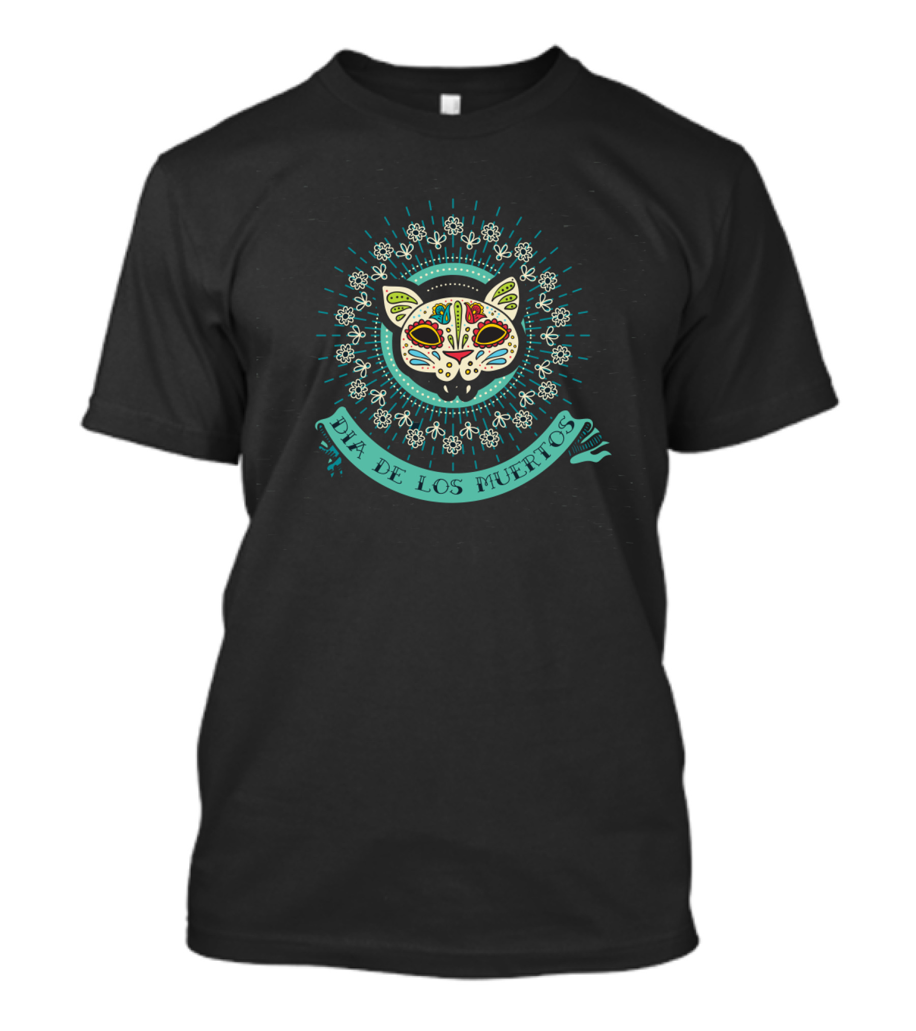 Dia De Los Muertos Sugar Skull Cat With Floral Decor In Teal And White T-Shirt