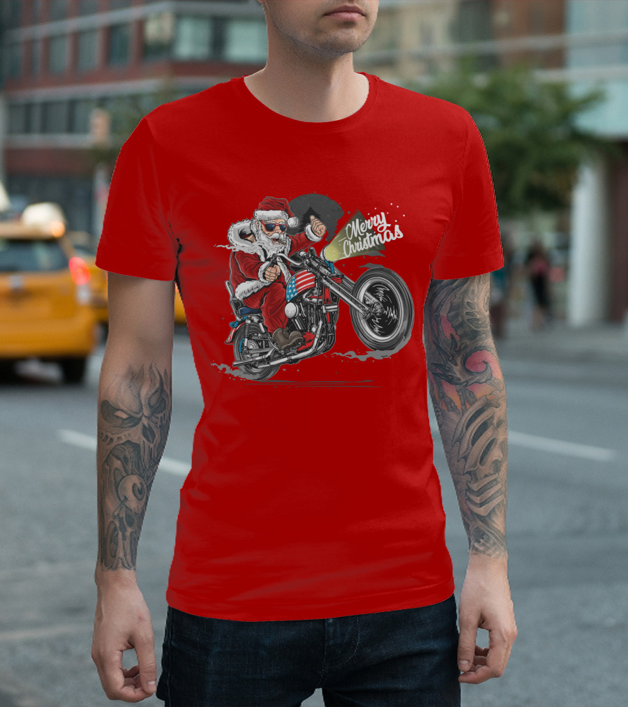 Merry Christmas Santa Claus Motorcycle USA America T-Shirt