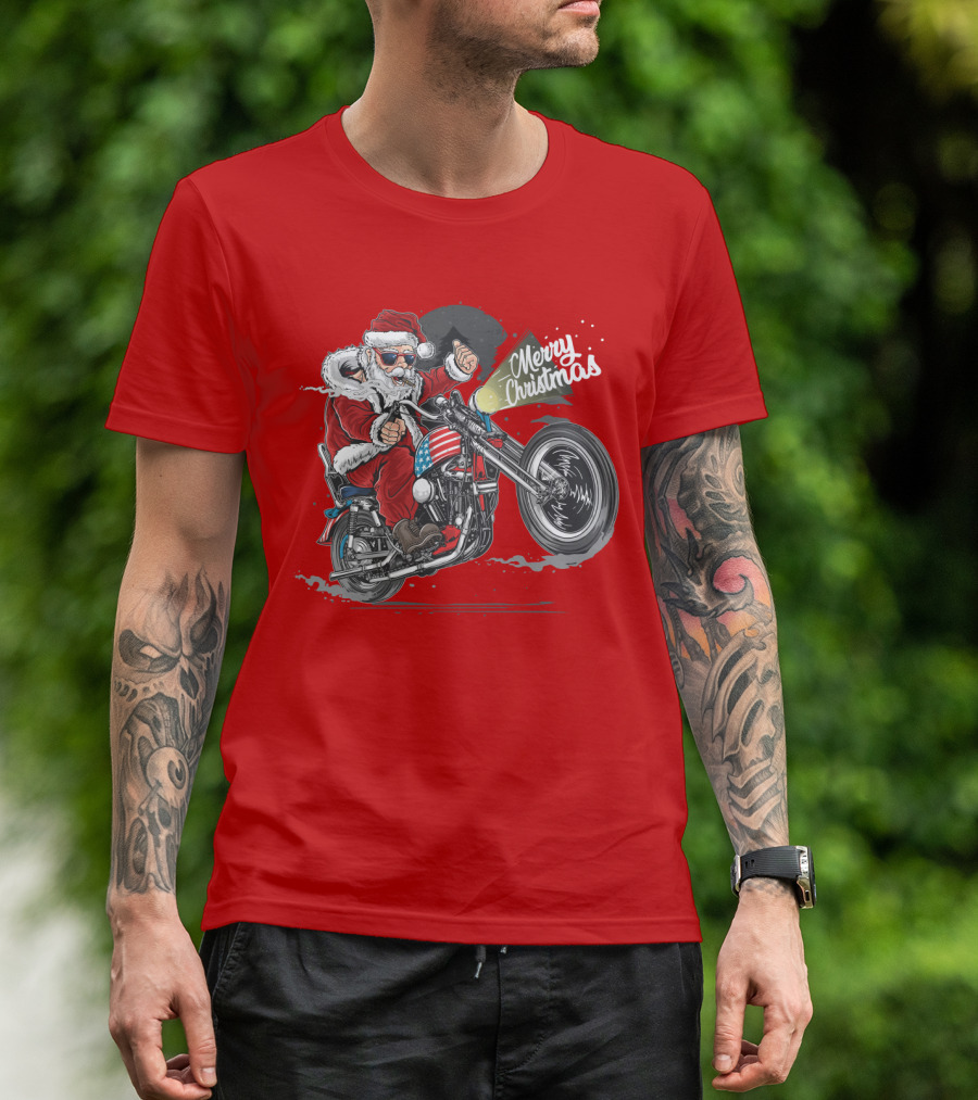 Merry Christmas Santa Claus Motorcycle USA America T-Shirt